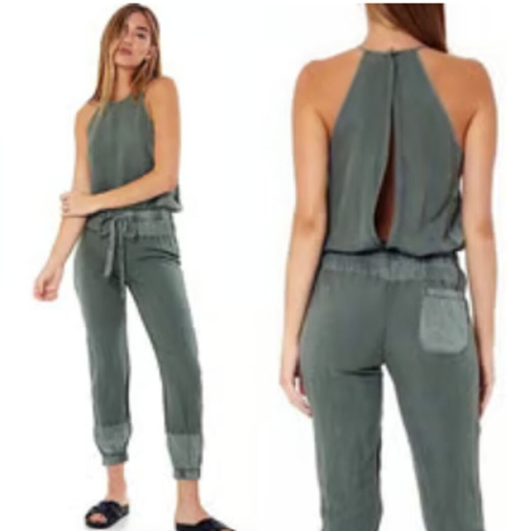 YFB Diego Jumpsuit Size Medium Green Linen Blend Sleeveless Keyhole Back
